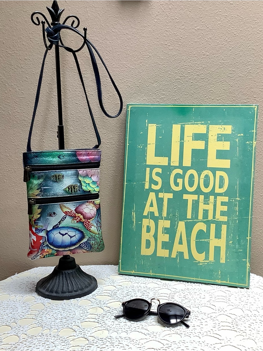Anuschka Hand Painted Leather Crossbody Bag Turtles & Ocean Scene